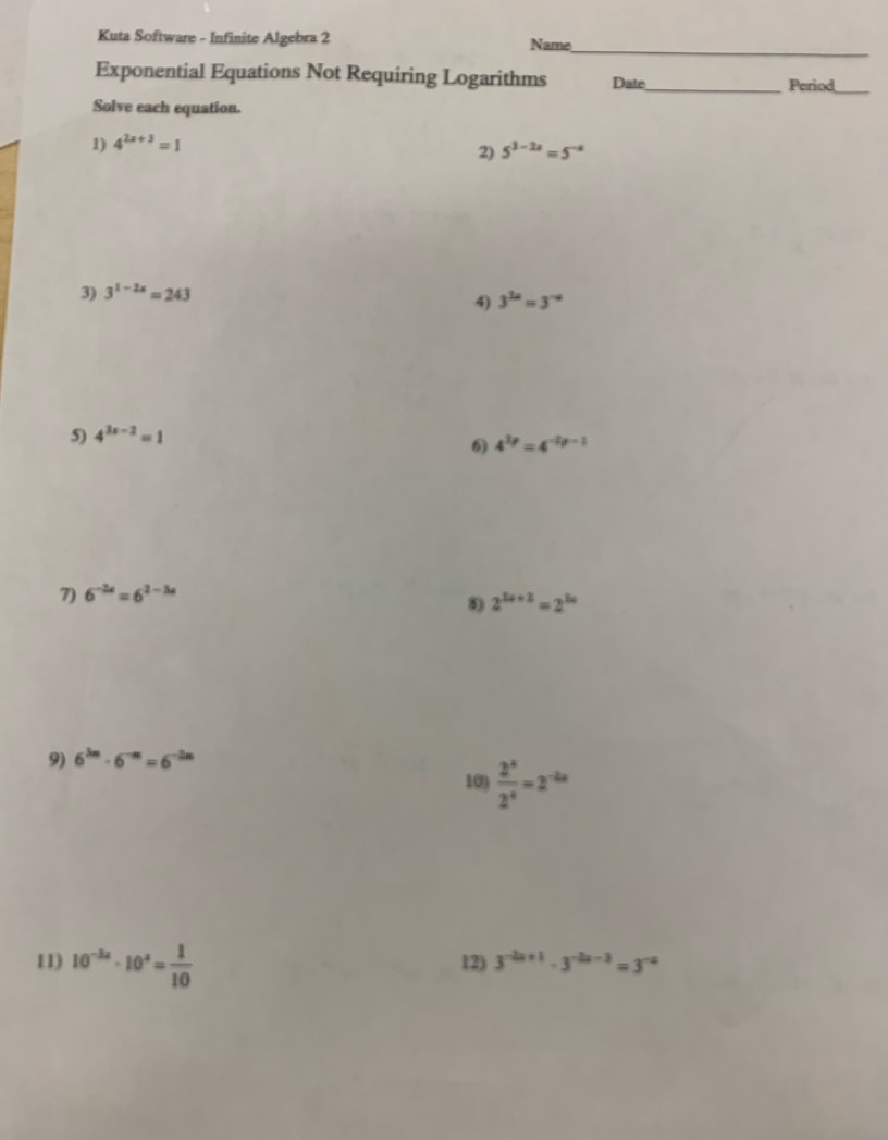 Solved: Kuta Software - Infinite Algebra 2 Name_ Exponential Equations ...