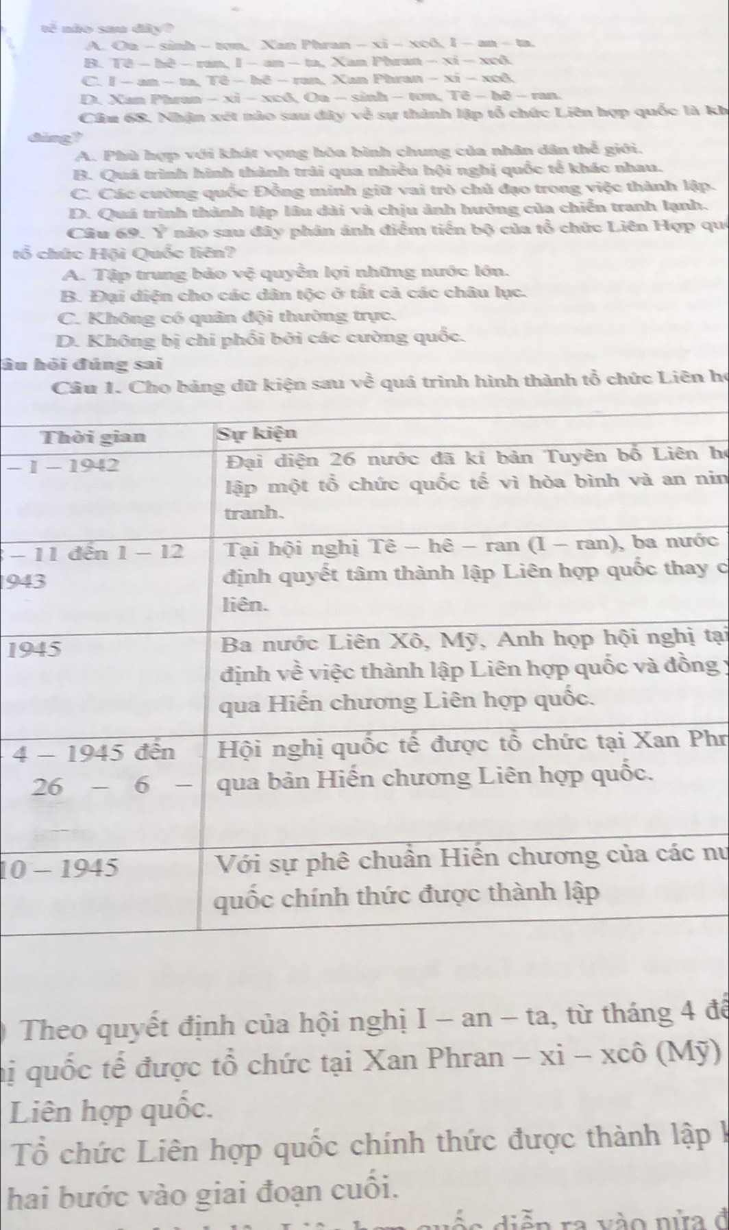 não sa dây?
A. . Oa-Sa=- ton. Xan Phran -xi-XOG1-an-ta
B. overline BC-overline B-1 □ -3≌ _  Xan Phran - xi - xcô
C I-an-m,Te − hê - ran, Xan Phran - xi - xcô,
D. Xan Phran - xi -xe^8 , Oa - sinh - tơn, Tê - hê - ran.
Cầâu 68. Nhận xét nào sau đây về sự thành lập tổ chức Liên hợp quốc là kh
ding?
A. Phù hợp với khát vọng hòa bình chung của nhân dân thể giới.
B. Quá trình hình thành trải qua nhiều hội nghị quốc tế khác nhau.
C. Các cường quốc Đồng minh giữ vai trò chủ đạo trong việc thành lập.
D. Quá trình thành lập lâu dài và chịu ảnh hưởng của chiến tranh lạnh.
Câu 69. y nào sau đây phân ánh điểm tiến bộ của tổ chức Liên Hợp que
tổ chức Hội Quốc liên?
A. Tập trung bảo vệ quyền lợi những nước lớn.
B. Đại diện cho các dân tộc ở tất cả các châu lục.
C. Không có quân đội thường trực.
D. Không bị chi phối bởi các cường quốc.
âu hỏi đúng sai
Câu 1. Cho bảng dữ kiện sau về quá trình hình thành tổ chức Liên họ
-  họ
nin
− ớc
94y c
19 tại
ng y
4Phr
10  nư
Theo quyết định của hội nghị I - an - ta, từ tháng 4 đế
hị quốc tế được tổ chức tại Xan Phran - xi-xchat 0 ( Mỹ)
Liên hợp quốc.
Tổ chức Liên hợp quốc chính thức được thành lập k
hai bước vào giai đoạn cuối.
d á o diễn ra vào nửa đ