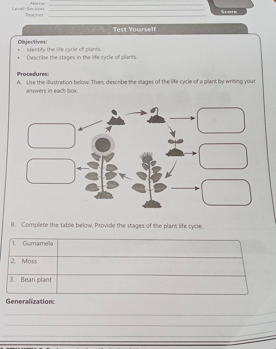 Name_ 
Level-Section:_ 
Teacher: _Score 
Test Yourself 
Objectives: 
Identify the life cycle of plants. 
Describe the stages in the life cycle of plants. 
Procedures: 
A. Use the illustration below. Then, describe the stages of the life cycle of a plant by writing your 
answers in each box. 
B. Complete the table below. Provide the stages of the plant life cycle. 
1. Gumamela 
2. Moss 
3. Bean plant 
Generalization: 
_ 
_ 
_