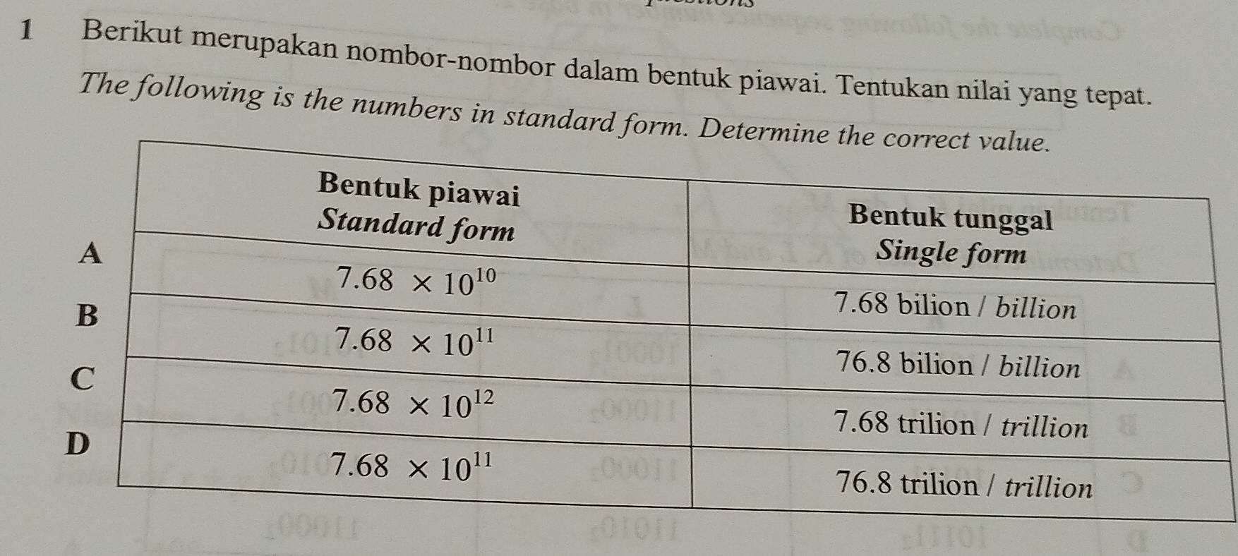 Berikut merupakan nombor-nombor dalam bentuk piawai. Tentukan nilai yang tepat.
The following is the numbers in standard fo