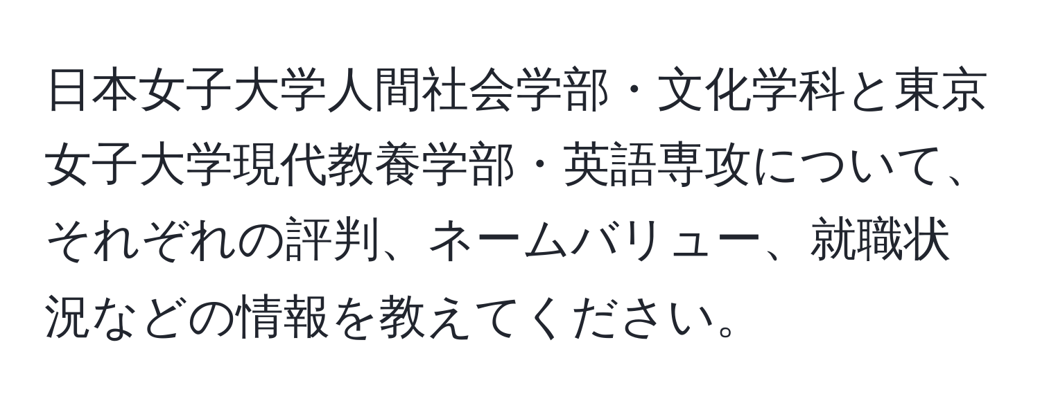 日本女子大学人間社会学部・文化学科と東京女子大学現代教養学部・英語専攻について、それぞれの評判、ネームバリュー、就職状況などの情報を教えてください。