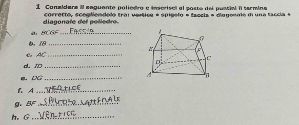 Considera il seguente poliedro e inserisci al posto dei puntini il termine 
corretto, scegliendolo tra: vertice ● spigolo ● faccia ● diagonale di una faccia ● 
diagonale del poliedro. 
a. BCGF _ 
b. IB _ 
c. AC _ 
d. ID_ 
e. DG _ 
f. A_ 
g. BF _ 
h. G _