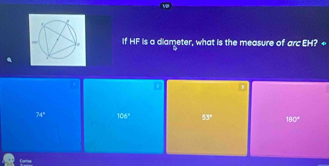 1/21
If HF is a diameter, what is the measure of arc EH? +
1
2
,
74°
106°
53°
180°
Carlos
Voosian