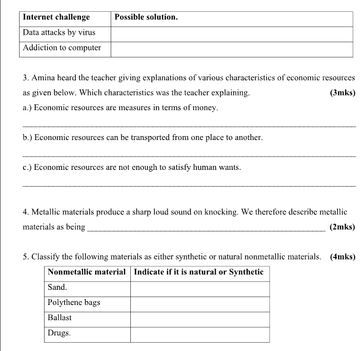 Amina heard the teacher giving explanations of various characteristics of economic resources 
as given below. Which characteristics was the teacher explaining. (3mks) 
a.) Economic resources are measures in terms of money. 
_ 
b.) Economic resources can be transported from one place to another. 
_ 
c.) Economic resources are not enough to satisfy human wants. 
_ 
4. Metallic materials produce a sharp loud sound on knocking. We therefore describe metallic 
materials as being_ (2mks) 
5. Classify the following materials as either synthetic or natural nonmetallic materials. (4mks)