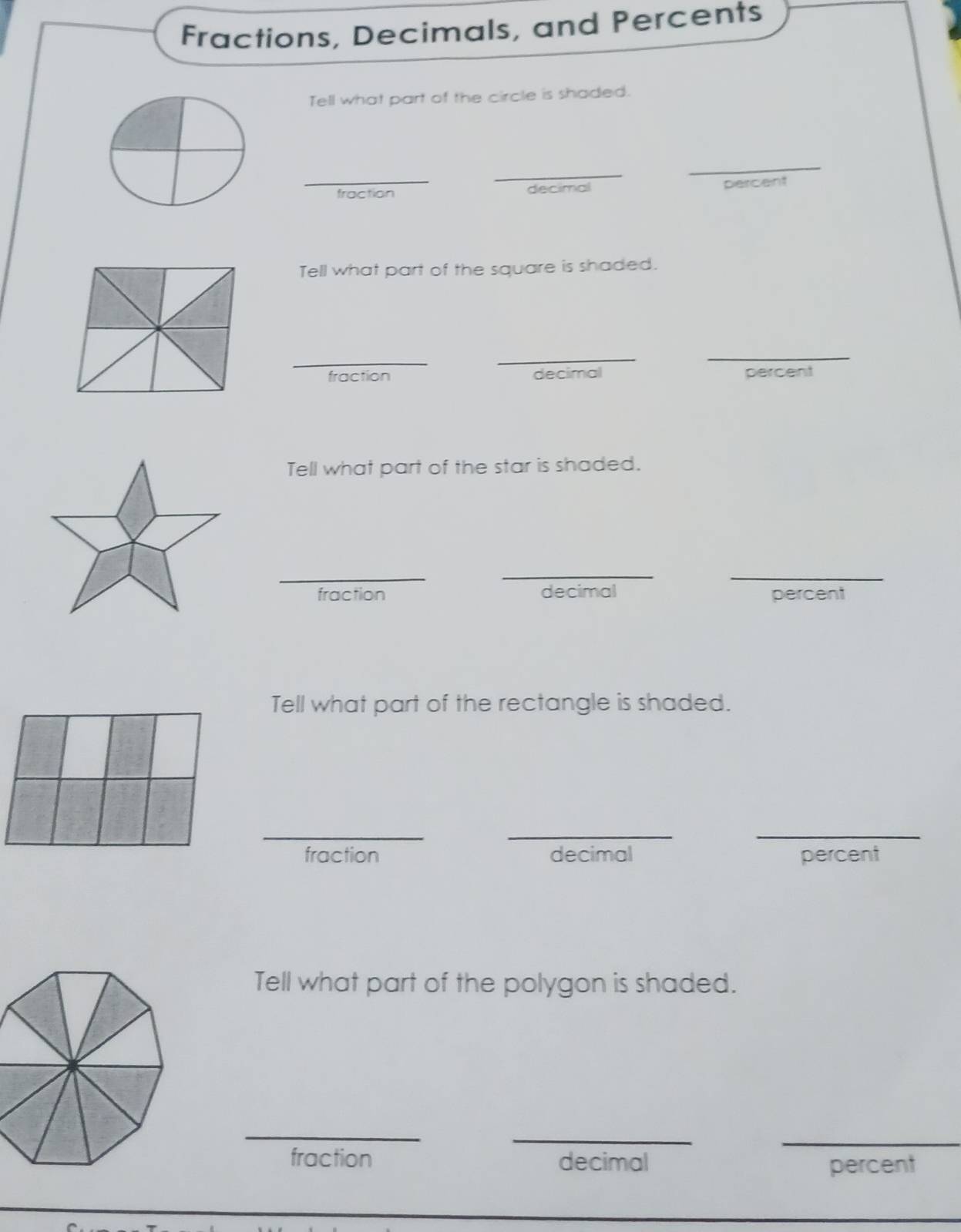 Solved: Fractions, Decimals, and Percents Tell what part of the circle ...
