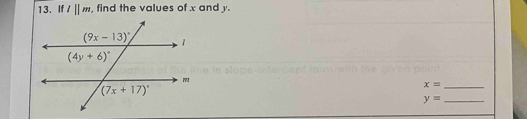 If l||m. , find the values of x and y.
x= _
y= _