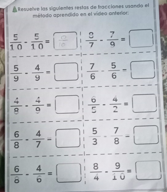 Resuelve las siguientes restas de fracciones usando el
método aprendido en el vídeo anterior: