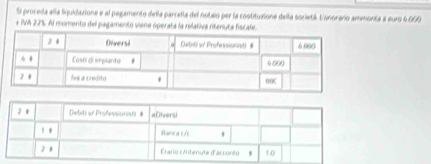 Si proceda alla liquidazione e al pagamento della parcella del notaio per la costituxione della societá. Vonorano ammonta a euro 4.000
+ IVA 22%. Al momento del pagamento viene operata la relativa ritenuta fiscale.