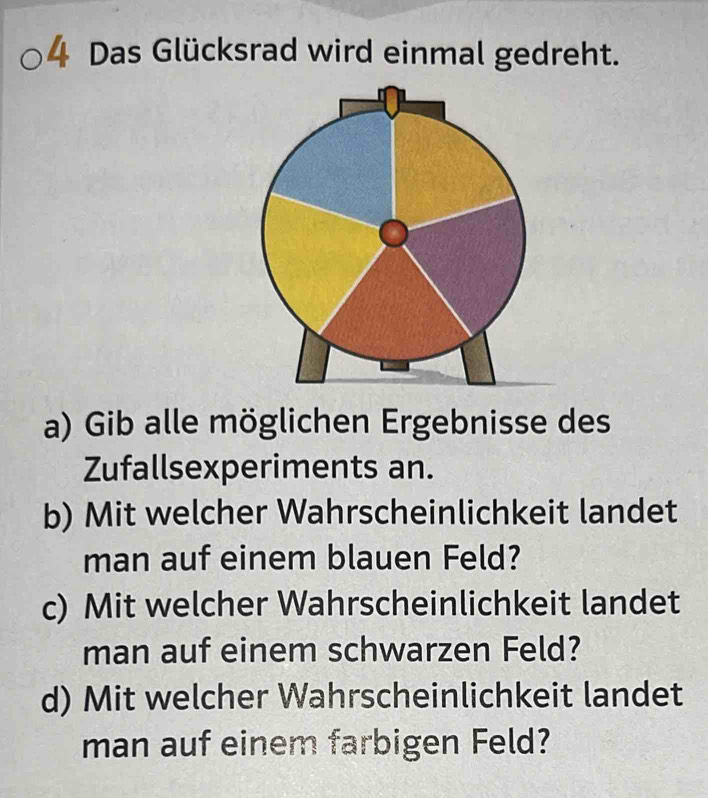 Das Glücksrad wird einmal gedreht. 
a) Gib alle möglichen Ergebnisse des 
Zufallsexperiments an. 
b) Mit welcher Wahrscheinlichkeit landet 
man auf einem blauen Feld? 
c) Mit welcher Wahrscheinlichkeit landet 
man auf einem schwarzen Feld? 
d) Mit welcher Wahrscheinlichkeit landet 
man auf einem farbigen Feld?