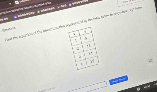 32020/1c9a00cf57e79d3e29265225819765a6 . 
Show Exi 
0000 0000 1000000 
1 00● 
Find the equation of the linear functionpresented by the table below in slope-intercept form 
Question 
Sahaut Aower 
apt 1 cut of 2 
Now 19