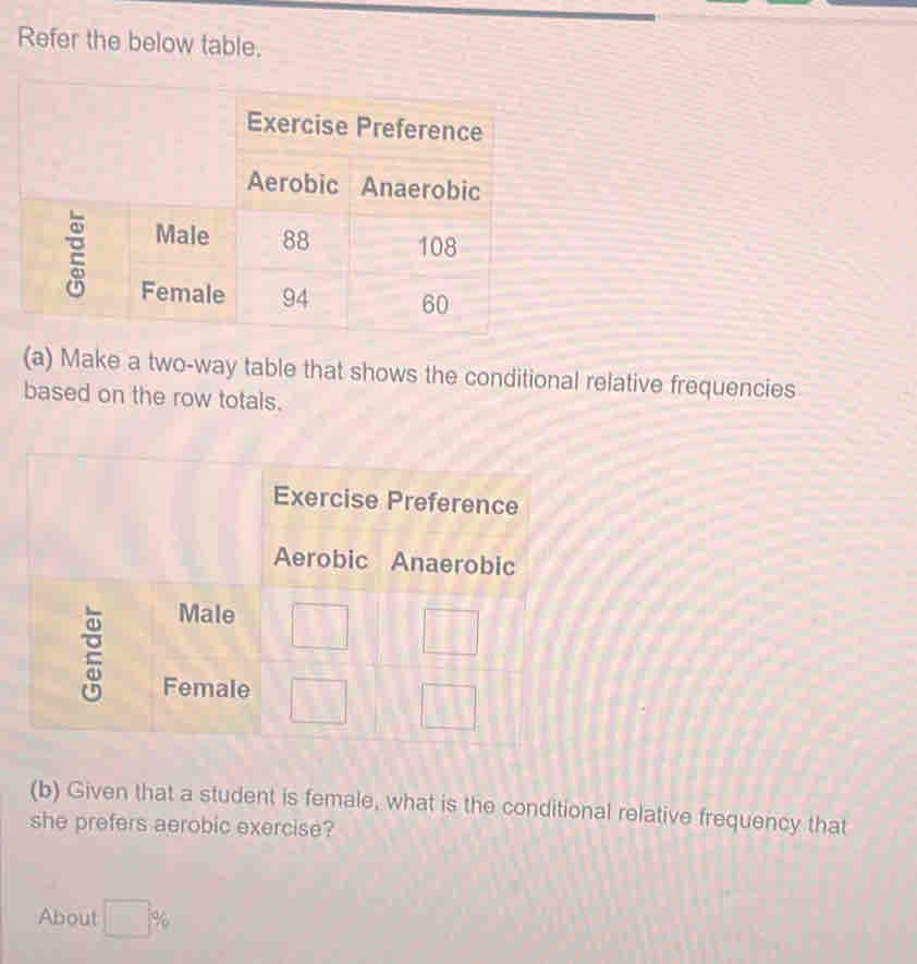 Refer the below table. 
(a) Make a two-way table that shows the conditional relative frequencies 
based on the row totals. 
Exercise Preference 
Aerobic Anaerobic 
Male □  3|/|  
Female □ 
(b) Given that a student is female, what is the conditional relative frequency that 
she prefers aerobic exercise? 
About □ %