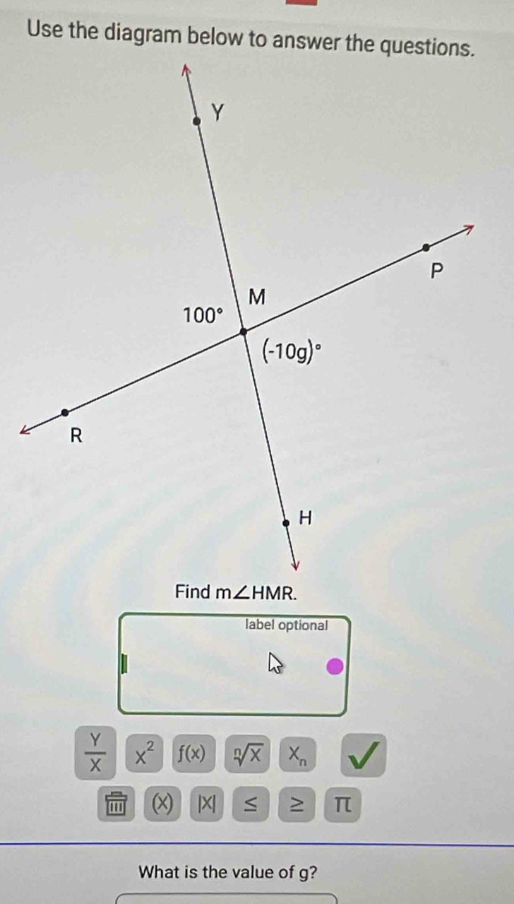 label optional
 Y/X  x^2 f(x) sqrt[n](x) X_n
''' (x) |X > π
What is the value of g?