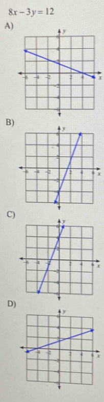 8x-3y=12
A) 
I 
B) 
r 
C) 
D)