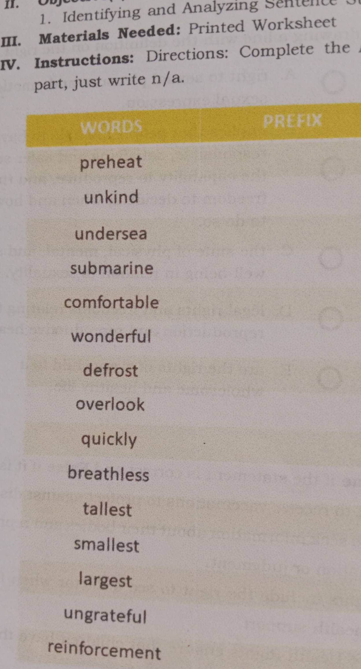 Identifying and Analyzing Sentent 
III. Materials Needed: Printed Worksheet 
IV. Instructions: Directions: Complete the 
part, just write n/a. 
WORDS 
PREFIX 
preheat 
unkind 
undersea 
submarine 
comfortable 
wonderful 
defrost 
overlook 
quickly 
breathless 
tallest 
smallest 
largest 
ungrateful 
reinforcement