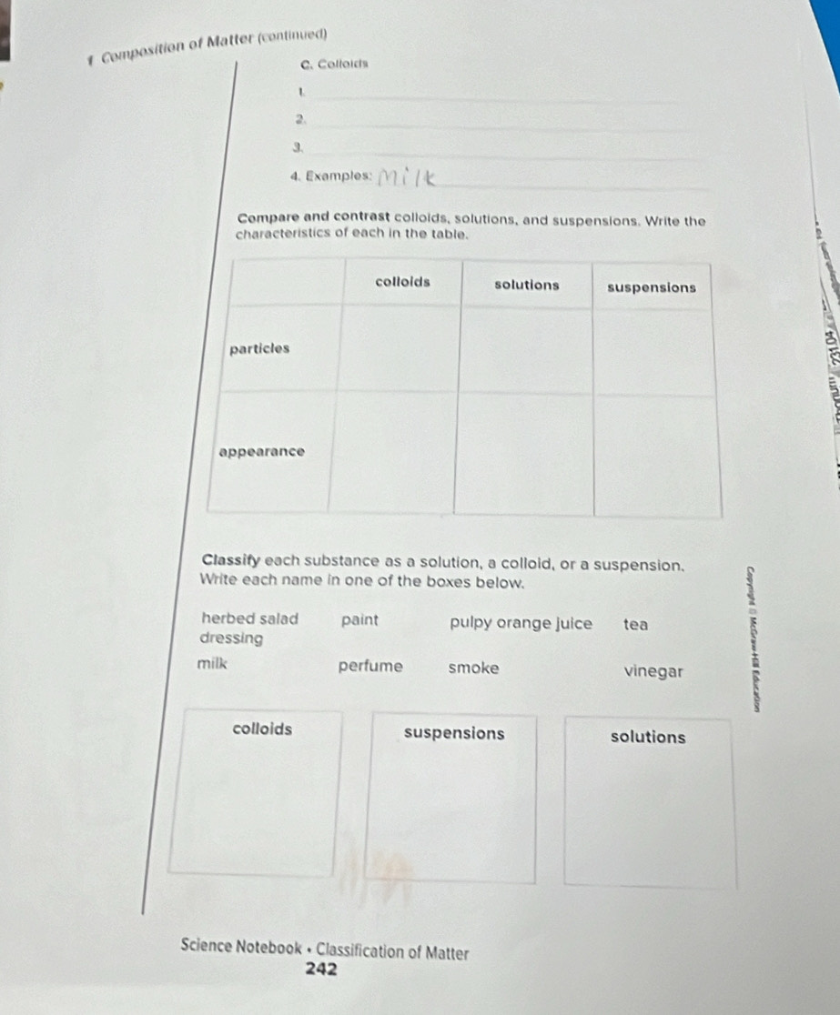Composition of Matter (continued) 
C. Colloids 
_1 
2._ 
3._ 
_ 
4. Examples: 
Compare and contrast colloids, solutions, and suspensions. Write the 
characteristics of each in the table. 
Classify each substance as a solution, a colloid, or a suspension. 
Write each name in one of the boxes below. 
herbed salad paint pulpy orange juice tea 
dressing 
milk perfume smoke vinegar 
colloids suspensions solutions 
Science Notebook • Classification of Matter 
242