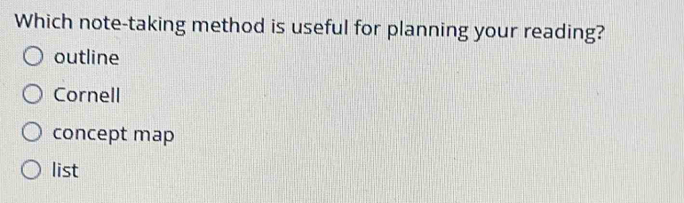 Which note-taking method is useful for planning your reading?
outline
Cornell
concept map
list