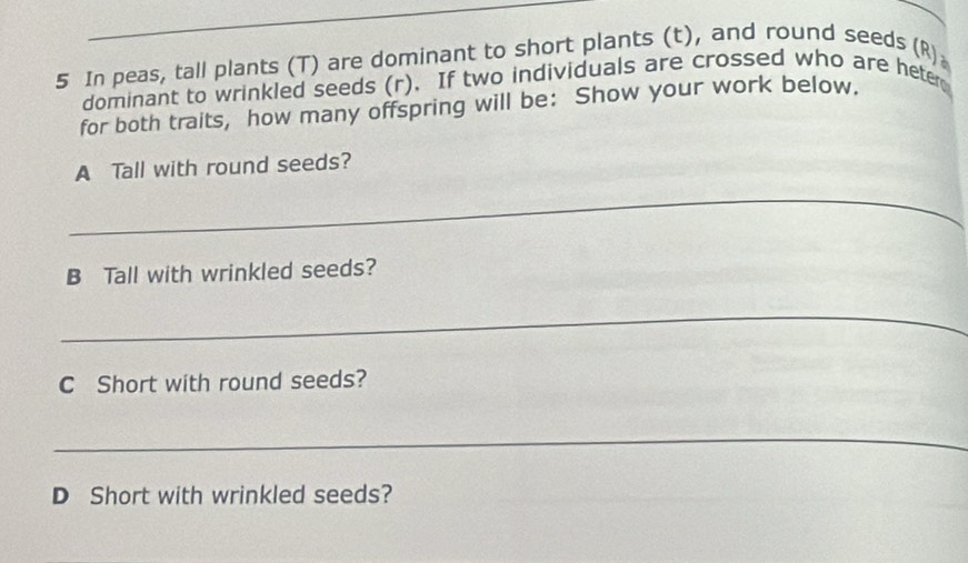 In peas, tall plants (T) are dominant to short plants (t), and round seeds (R) 
dominant to wrinkled seeds (r). If two individuals are crossed who are heter 
for both traits, how many offspring will be: Show your work below. 
A Tall with round seeds? 
_ 
B Tall with wrinkled seeds? 
_ 
C Short with round seeds? 
_ 
D Short with wrinkled seeds?