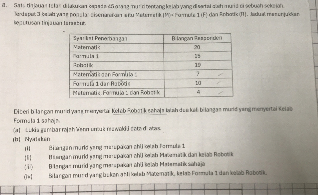 Satu tinjauan telah dilakukan kepada 45 orang murid tentang kelab yang disertai oleh murid di sebuah sekolah. 
Terdapat 3 kelab yang popular disenaraikan iaitu Matematik (M)< Formula 1 (F) dan Robotik (R). Jadual menunjukkan 
keputusan tinjauan tersebut. 
Diberi bilangan murid yang menyertai Kelab Robotik sahaja ialah dua kali bilangan murid yang menyertai Kelab 
Formula  1 sahaja. 
(a) Lukis gambar rajah Venn untuk mewakili data di atas. 
(b) Nyatakan 
(i) Bilangan murid yang merupakan ahli kelab Formula 1 
(ii) Bilangan murid yang merupakan ahli kelab Matematik dan kelab Robotik 
(iii) Bilangan murid yang merupakan ahli kelab Matematik sahaja 
(iv) Bilangan murid yang bukan ahli kelab Matematik, kelab Formula 1 dan kelab Robotik.