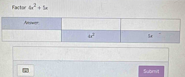 Factor 4x^2+5x
Submit