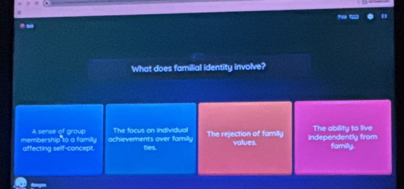 What does familial identity involve?
A sense of group The focus on individual The ability to live
membership to a family achievements over family The rejection of family values. independently from
affecting self-concept. ties. family.