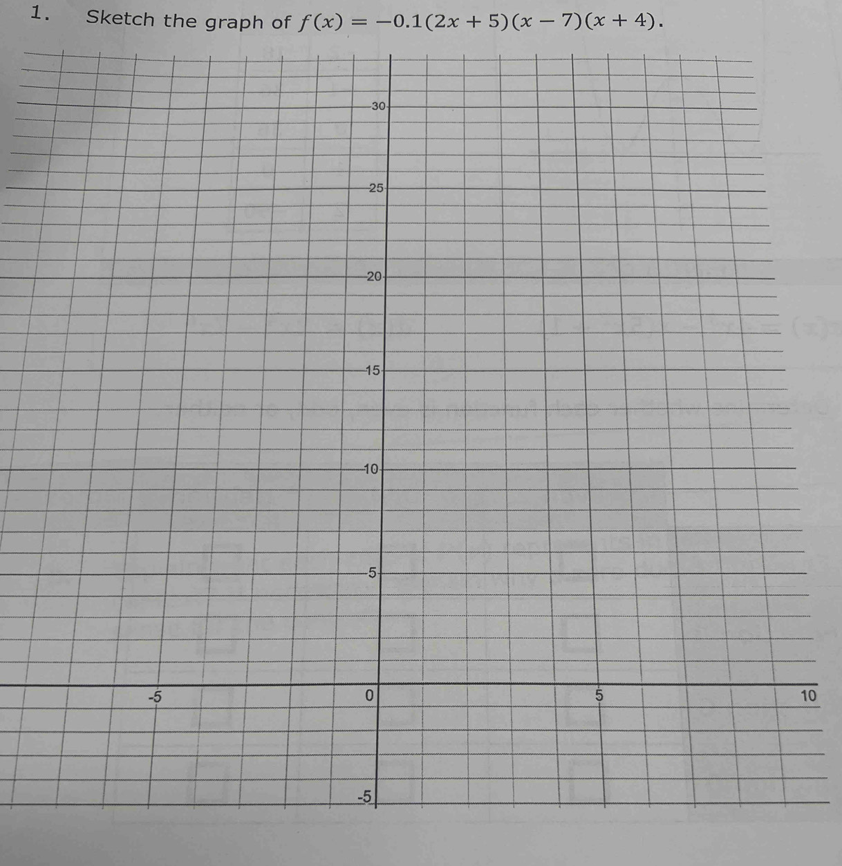 Sketch the graph of f(x)=-0.1(2x+5)(x-7)(x+4).
10