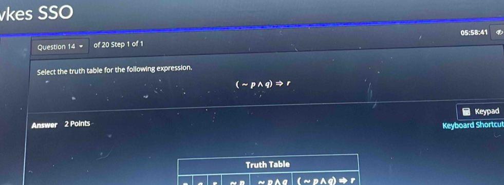 vkes SSO 
Question 14 of 20 Step 1 of 1 05:58:41 a 
Select the truth table for the following expression.
(sim pwedge q)Rightarrow
Answer 2 Points Keypad 
Keyboard Shortcut 
Truth Table
(sim pwedge q)