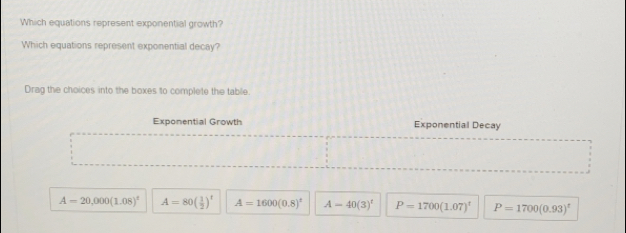 Solved: Which equations represent exponential growth? Which equations ...