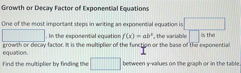 Growth or Decay Factor of Exponential Equations 
One of the most important steps in writing an exponential equation is □ 
□ . In the exponential equation f(x)=ab^x , the variable □° is the 
growth or decay factor. It is the multiplier of the function or the base of the exponential 
equation. 
Find the multiplier by finding the □ between y -values on the graph or in the table.