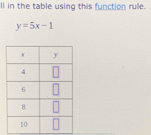 ll in the table using this function rule.
y=5x-1