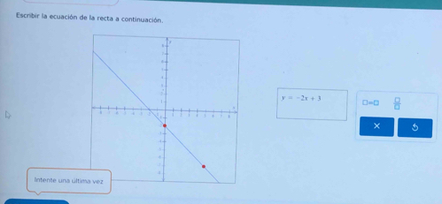 Escribir la ecuación de la recta a continuación.
y=-2x+3 □ -□  □ /□   
× 5 
Intente una últi