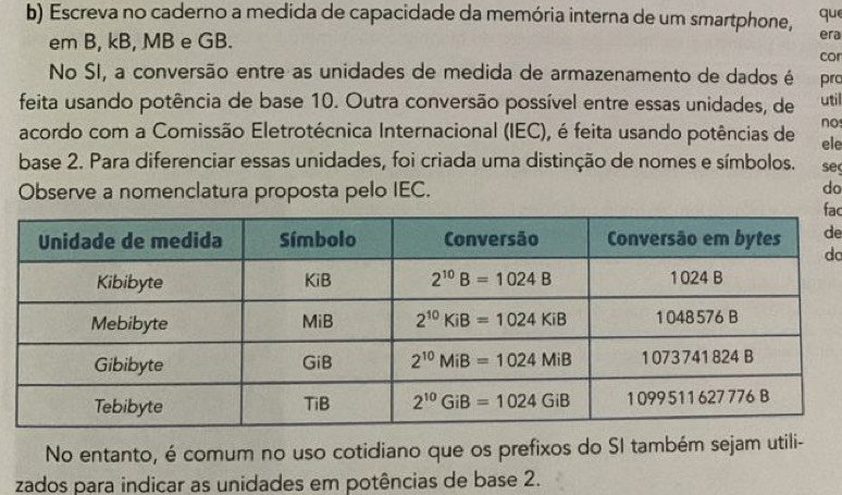 Escreva no caderno a medida de capacidade da memória interna de um smartphone, que
em B, kB, MB e GB. era
cor
No SI, a conversão entre as unidades de medida de armazenamento de dados é prc
feita usando potência de base 10. Outra conversão possível entre essas unidades, de util
no
acordo com a Comissão Eletrotécnica Internacional (IEC), é feita usando potências de ele
base 2. Para diferenciar essas unidades, foi criada uma distinção de nomes e símbolos. se
Observe a nomenclatura proposta pelo IEC.
do
ac
e
o
No entanto, é comum no uso cotidiano que os prefixos do SI também sejam utili-
zados para indicar as unidades em potências de base 2.