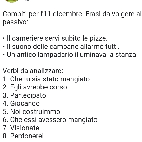 Compiti per l'11 dicembre. Frasi da volgere al 
passivo: 
Il cameriere servì subito le pizze. 
Il suono delle campane allarmò tutti. 
Un antico lampadario illuminava la stanza 
Verbi da analizzare: 
1. Che tu sia stato mangiato 
2. Egli avrebbe corso 
3. Partecipato 
4. Giocando 
5. Noi costruimmo 
6. Che essi avessero mangiato 
7. Visionate! 
8. Perdonerei