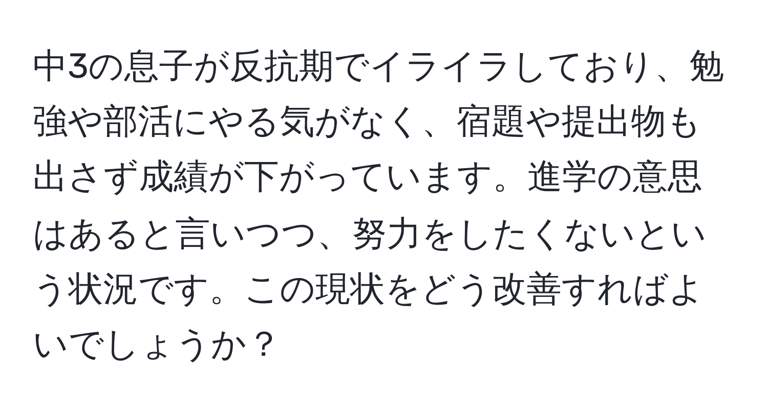 中3の息子が反抗期でイライラしており、勉強や部活にやる気がなく、宿題や提出物も出さず成績が下がっています。進学の意思はあると言いつつ、努力をしたくないという状況です。この現状をどう改善すればよいでしょうか？