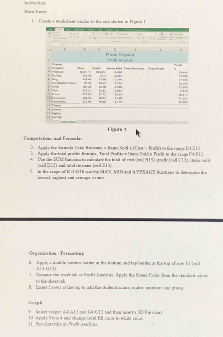 Instruction: 
Data Entry 
1. Create a worksheet similar to the one shown in Figure 1. 
Figure 1 
Computations and Formulas 
2. Apply the formula Total Revenue = Items Sold x (Cost + Profit) to the range E4:E12. 
3. Apply the total profits formula, Total Profits = Items Sold x Profit to the range F4: F12. 
4. Use the SUM function to calculate the total of cost (cell B13), profit (cell C13), items sold 
(cell D13) and total revenue (cell E13). 
5. In the range of B14: G16 use the MAX, MIN and AVERAGE functions to determine the 
lowest, highest and average values. 
Organization / Formatting 
6. Apply a double bottom border at the bottom and top border at the top of row 13 (cell 
A13:G13). 
7. Rename the sheet tab as Profit Analysis. Apply the Green Color from the standard colors 
to the sheet tab. 
8. Insert 5 rows at the top to add the students name, matric numbers and group. 
Graph 
9. Select ranges A4: A12 and G4:G12 and then insert a 3D Pie chart. 
10. Apply Style 4 and change solid fill color to white color. 
11. Put chart title as Profit Analysis.