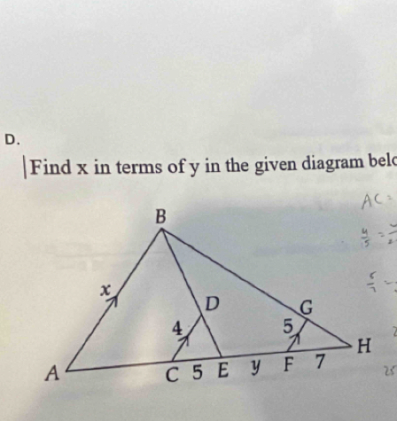 Find x in terms of y in the given diagram beld