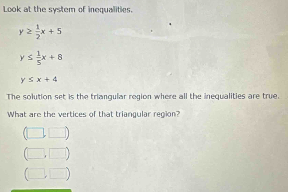 Look at the system of inequalities.
y≥  1/2 x+5
y≤  1/5 x+8
y≤ x+4
The solution set is the triangular region where all the inequalities are true.
What are the vertices of that triangular region?
(□ ,□ )
(□ ,□ )
(□ ,□ )