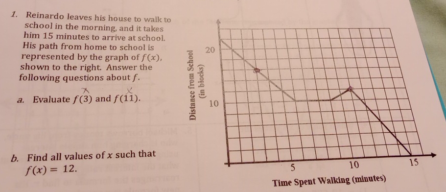 Reinardo leaves his house to walk to 
school in the morning, and it takes 
him 15 minutes to arrive at school. 
His path from home to school is 
represented by the graph of f(x), 
shown to the right. Answer the 
following questions about f. 
a. Evaluate f(3) and f(11). 
b. Find all values of x such that
f(x)=12. 
Time Spe