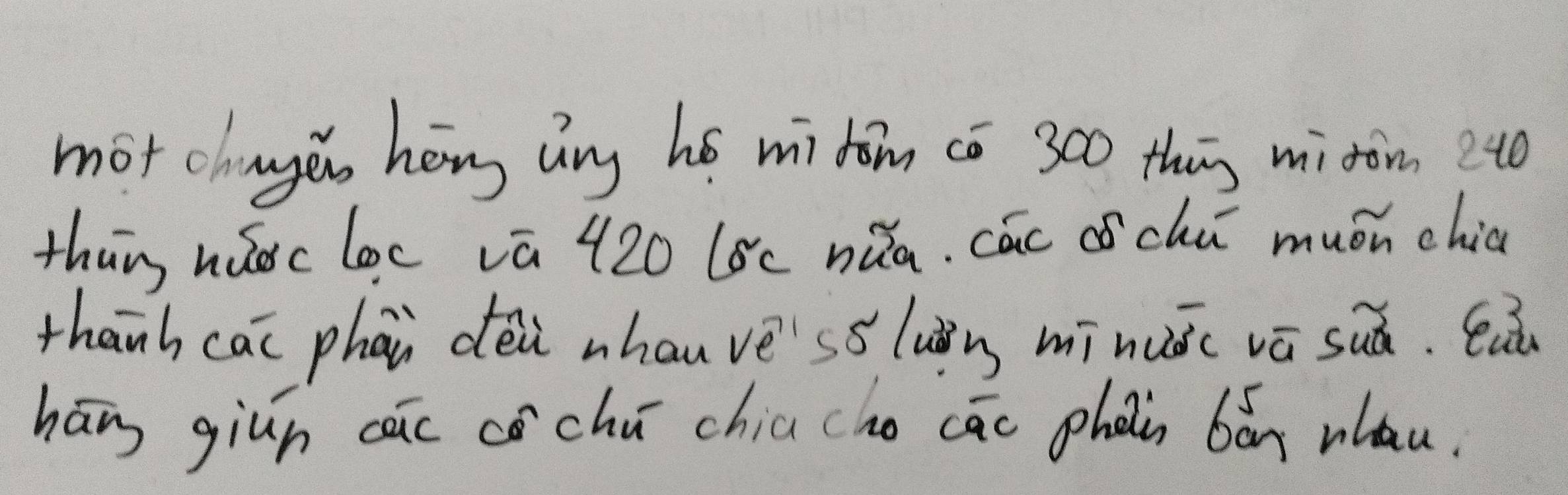 mot chngǎ hēng áng hé mi tom cō 3c0 thig mitom 240
thung huocloc vā 420 (Bc nǎa. các óchú muán chia 
thanh cāi phān déi nhauvè'sslun mí nuǒc vā suá. ea 
hāng giùn cac cèchú chia cho cāo phain bǎn wau.