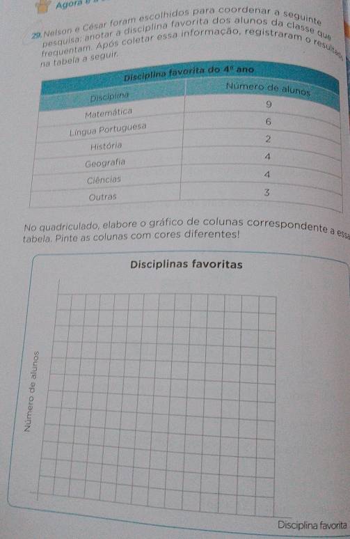 Agorá B
29 Nelson e César foram escolhidos para coordenar a seguinte
pesquisa: anotar a disciplina favorita dos alunos da classe que
uentam. Após coletar essa informação, registraram o results
No quadriculado, elabore o gráfico de colunas correspondente a essa
tabela. Pinte as colunas com cores diferentes!
Disciplinas favoritas
Disciplina favorita