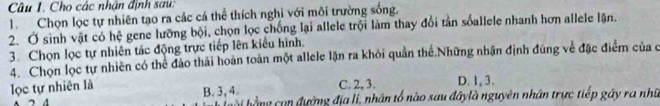 Cho các nhận định sau:
1. Chọn lọc tự nhiên tạo ra các cá thể thích nghi với môi trường sống,
2. Ở sinh vật có hhat c a gene lưỡng bội, chọn lọc chống lại allele trội làm thay đổi tần sốallele nhanh hơn allele lận.
3. Chọn lọc tự nhiên tác động trực tiếp lên kiểu hình.
4. Chọn lọc tự nhiên có thể đảo thái hoàn toàn một allele lặn ra khỏi quản thể Những nhận định đúng về đặc điểm của c
lọc tự nhiên là C. 2, 3. D. 1, 3.
B. 3, 4.
hi hằng con đường địa li, nhân tổ nào sau đâylà nguyên nhân trực tiếp gây ra nhữ