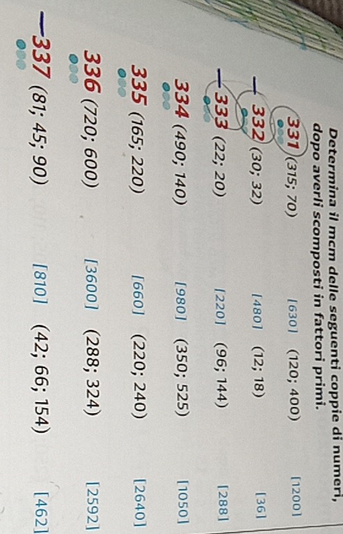 Determina il mcm delle seguenti coppie di numeri, 
dopo averli scomposti in fattori primi. 
331 (315;70) [630] (120;400) [1200]
332 (30;32) [480] (12;18)
[36]. 3. _ _  (22;20) [220] (96;144) [288]
334(490;140)
[980] (350;525) [1050]
335(165;220)
[660] (220;240) [2640]
336(720;600) [3600] (288;324) [2592]
337 (81;45;90) 01 (42;66;154) [462]
[81