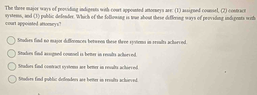 The three major ways of providing indigents with court appointed attorneys are: (1) assigned counsel, (2) contract
systems, and (3) public defender. Which of the following is true about these differing ways of providing indigents with
court appointed attorneys?
Studies find no major differences between these three systems in results achieved.
Studies find assigned counsel is better in results achieved.
Studies find contract systems are better in results achieved.
Studies find public defenders are better in results achieved.