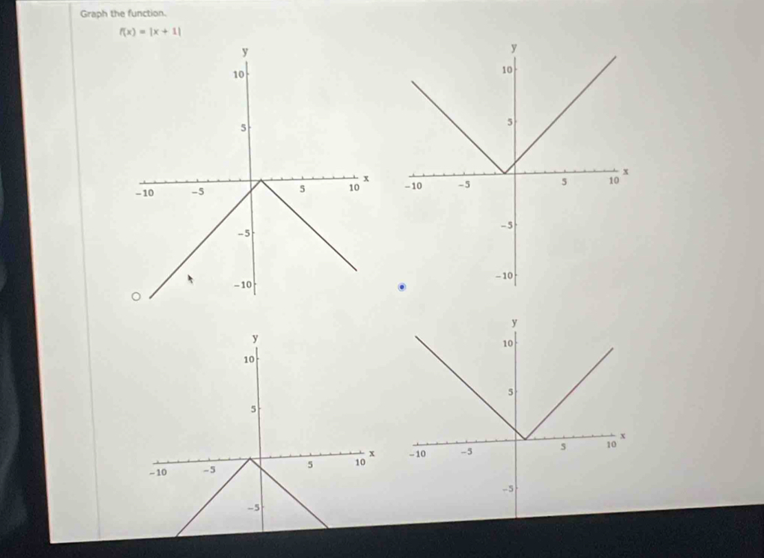 Graph the function.
f(x)=|x+1|