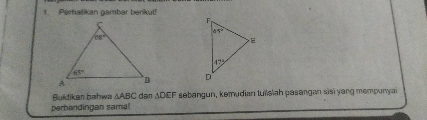 Perhatikan gambar berikut!
Buktikan bahwa △ ABC dan △ DEF sebangun, kemudian tulislah pasangan sisì yang mempunyai
perbandingan sama!