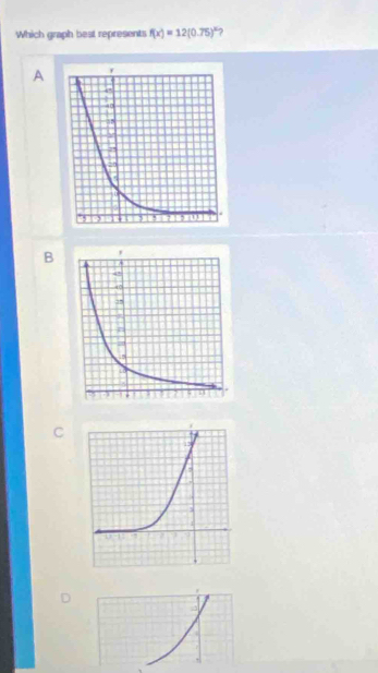 Which graph best represents f(x)=12(0.75)^circ 
A 
B 
C