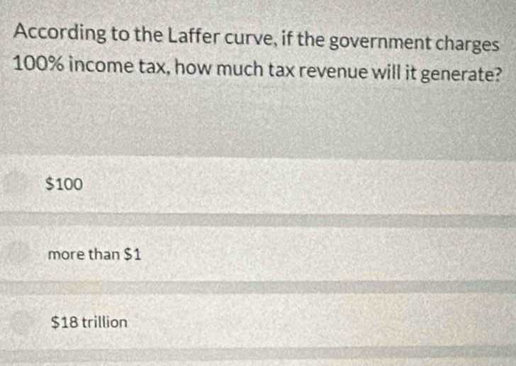 According to the Laffer curve, if the government charges
100% income tax, how much tax revenue will it generate?
$100
more than $1
$18 trillion