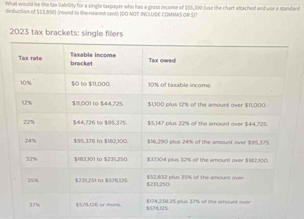 What would be the tax liability for a single taxpayer who has a gross income of $55,300 (use the chart attached and use a standard 
deduction of $13,850) (round to the nearest cent) DO NOT INCLUDE COMMAS OR $ ? 
2023 tax brackets: single filers