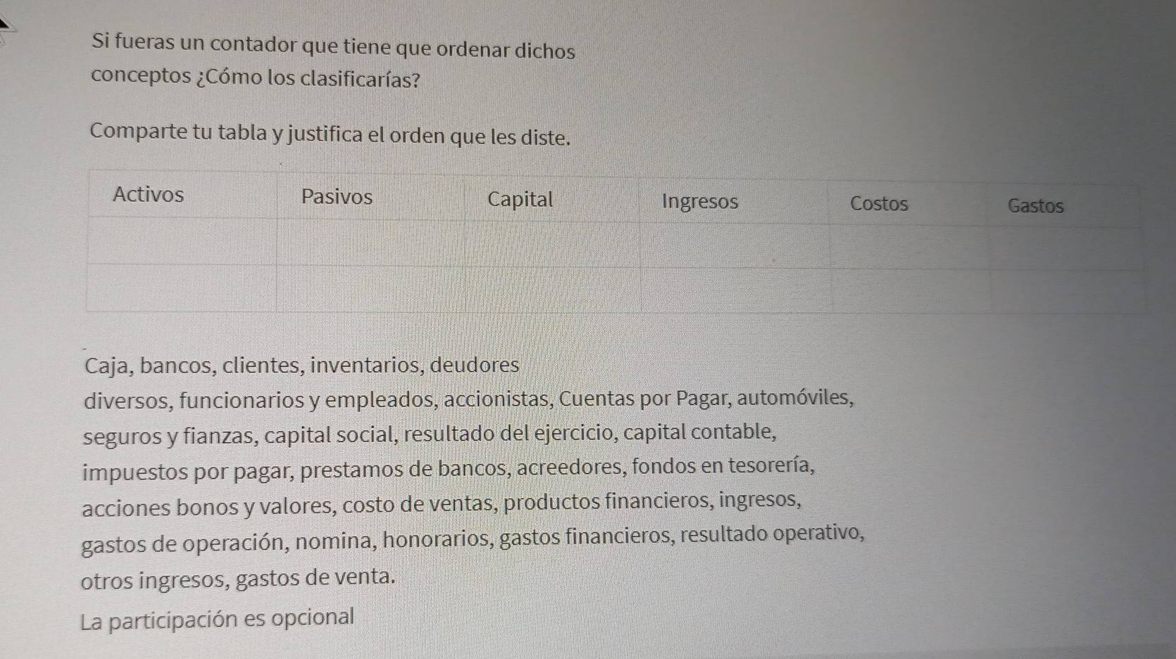 Si fueras un contador que tiene que ordenar dichos 
conceptos ¿Cómo los clasificarías? 
Comparte tu tabla y justifica el orden que les diste. 
Caja, bancos, clientes, inventarios, deudores 
diversos, funcionarios y empleados, accionistas, Cuentas por Pagar, automóviles, 
seguros y fianzas, capital social, resultado del ejercicio, capital contable, 
impuestos por pagar, prestamos de bancos, acreedores, fondos en tesorería, 
acciones bonos y valores, costo de ventas, productos financieros, ingresos, 
gastos de operación, nomina, honorarios, gastos financieros, resultado operativo, 
otros ingresos, gastos de venta. 
La participación es opcional