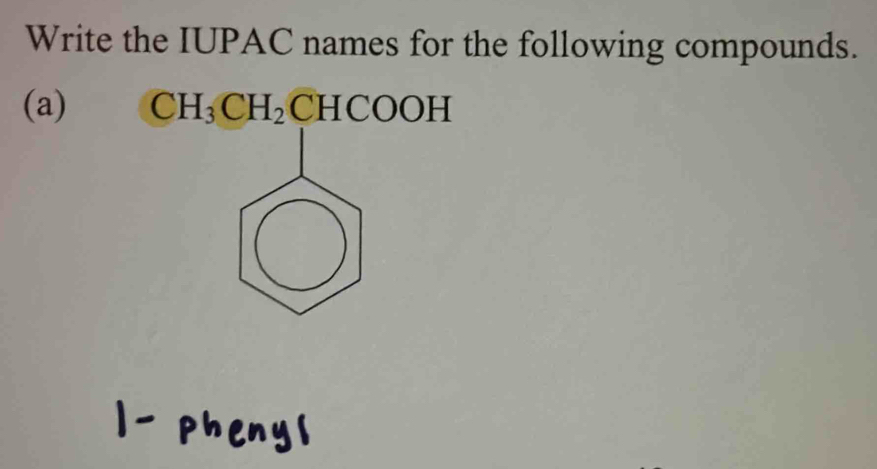 Write the IUPAC names for the following compounds. 
(a) CH_3CH_2CHCOOH