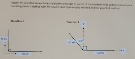 Obtain the resultant (magnitude and inclination/angle to x-axis) of the coplanar force system and compare
resolving vectors method with the head-to-tail trigonometry method and the graphical method.
Question 1 
12 kN
18 kN